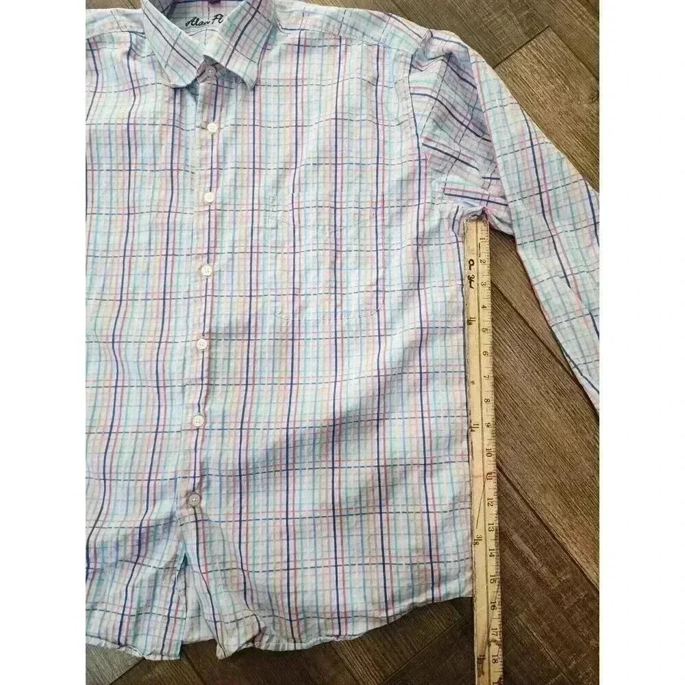 Alan Flusser Shirt Mens Large Blue Pink Green Colors Button Up Cotton Preppy - Picture 5 of 6